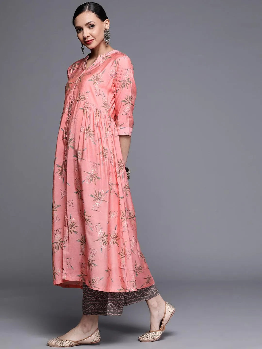 Pink Printed Chanderi Silk Kurta - Libas