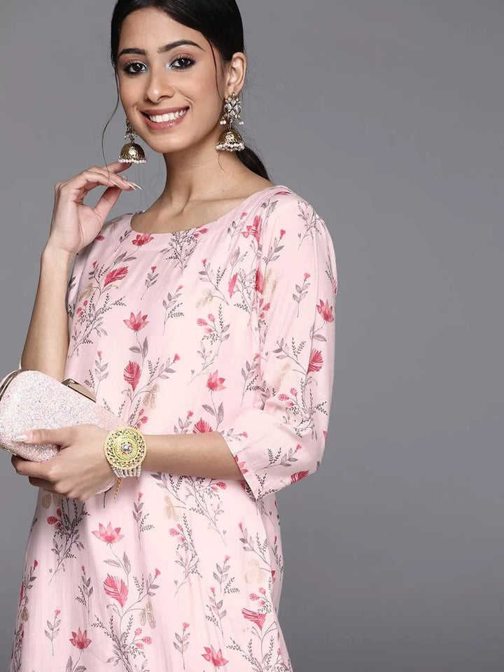 Pink Printed Chanderi Silk Kurta - Libas