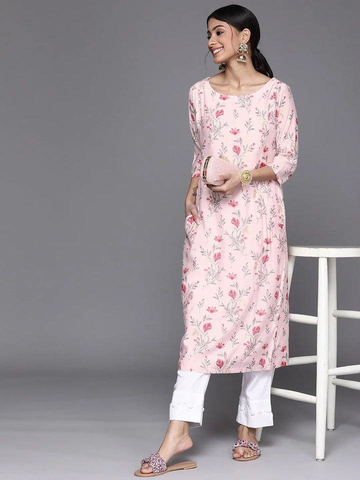 Pink Printed Chanderi Silk Kurta - Libas