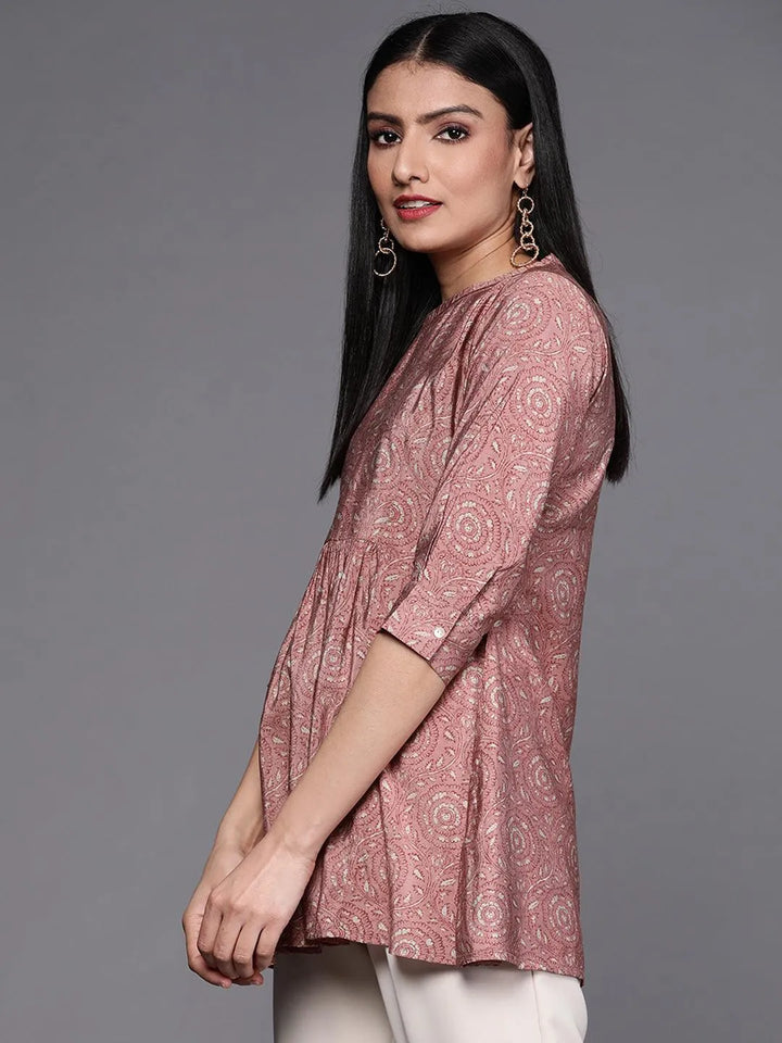 Pink Printed Chanderi Silk Kurti - Libas