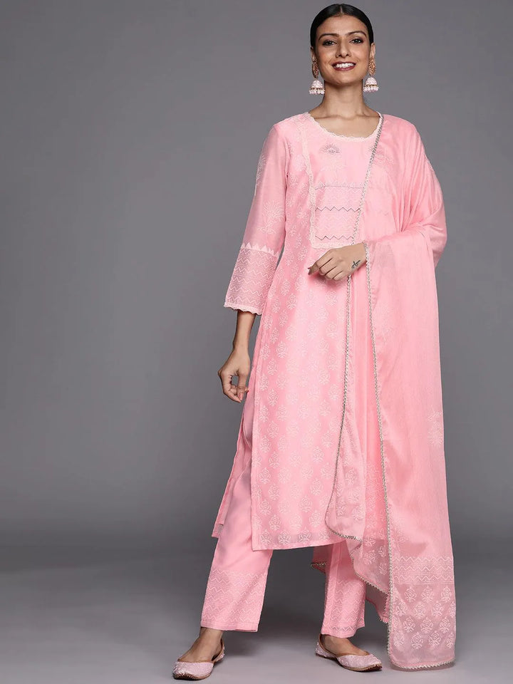 Pink Printed Chanderi Silk Straight Suit Set - Libas