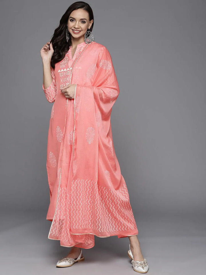 Pink Printed Chanderi Silk Suit Set - Libas