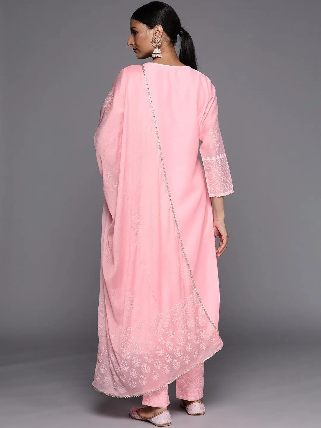 Pink Printed Chanderi Silk Straight Suit Set - Libas