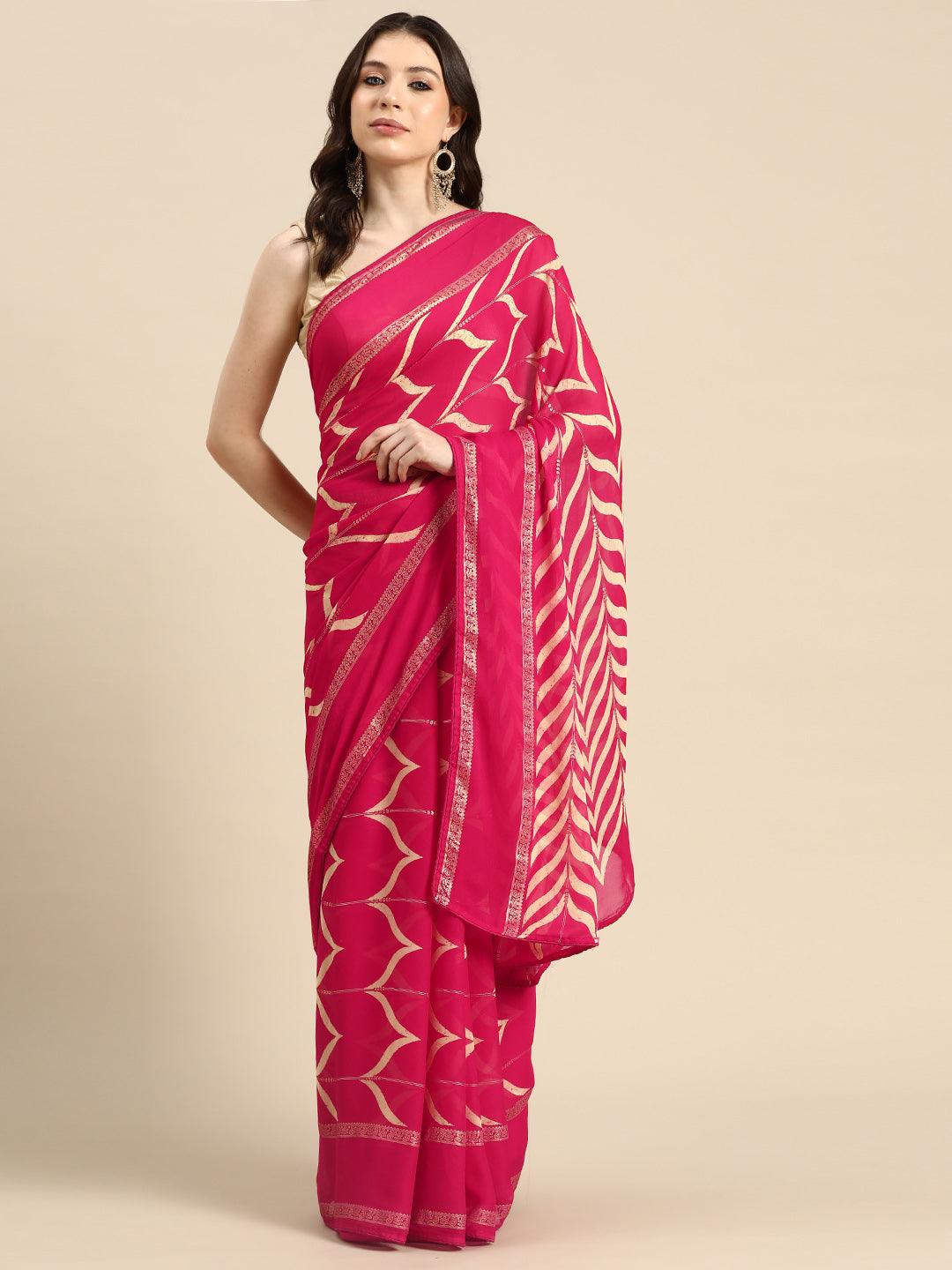 Pink Printed Chiffon Saree - Libas