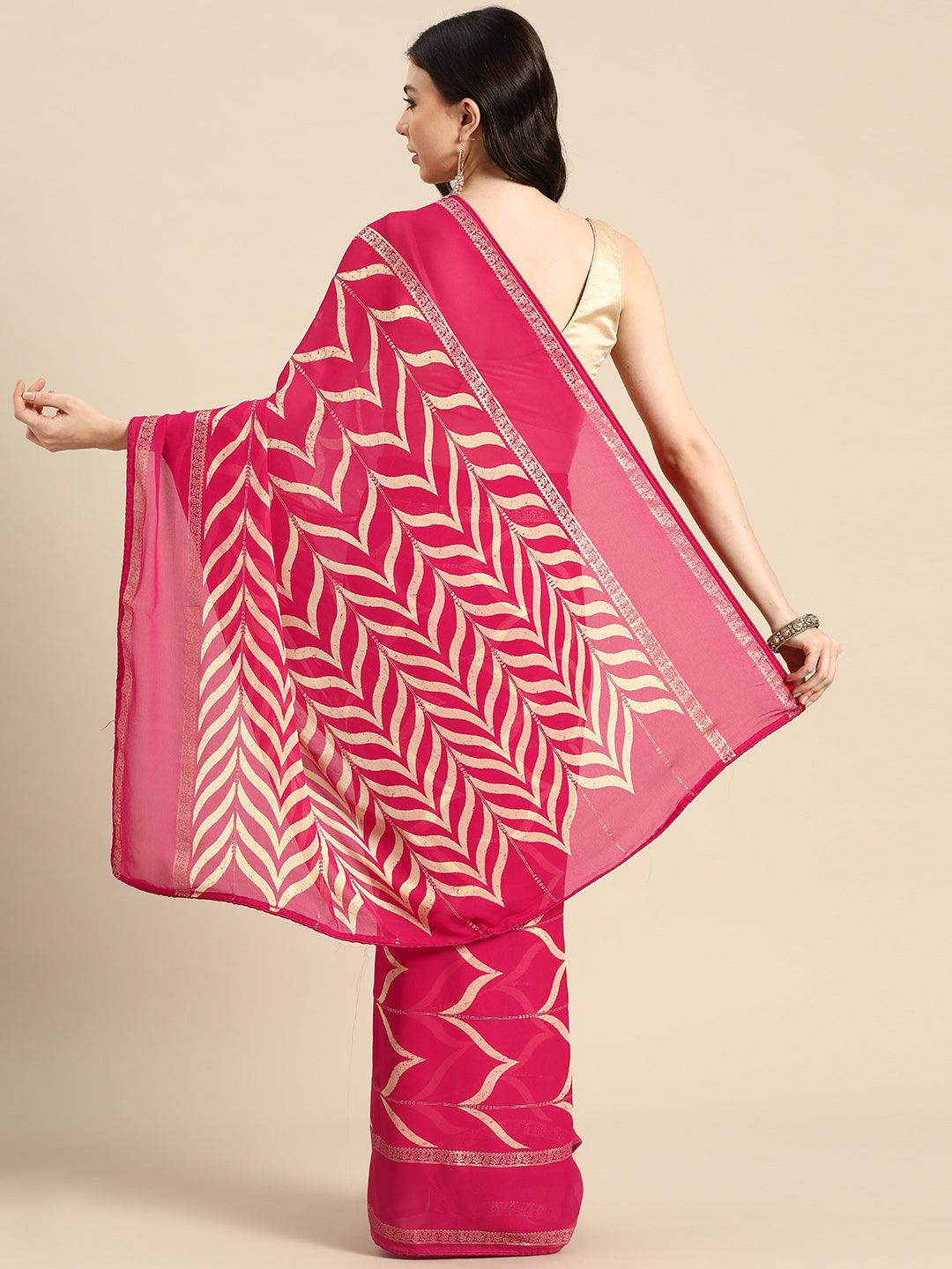 Pink Printed Chiffon Saree - Libas 