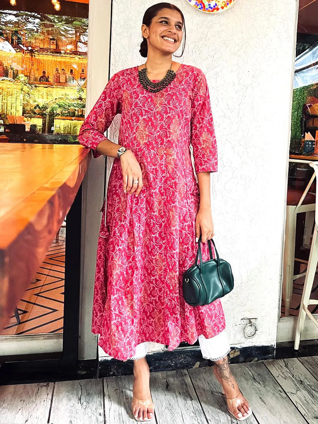 Pink Printed Cotton A-Line Kurta - Libas