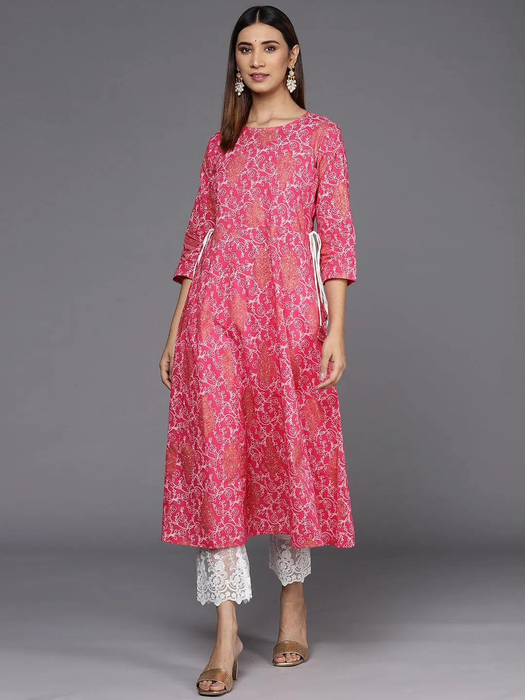 Pink Printed Cotton A-Line Kurta - Libas