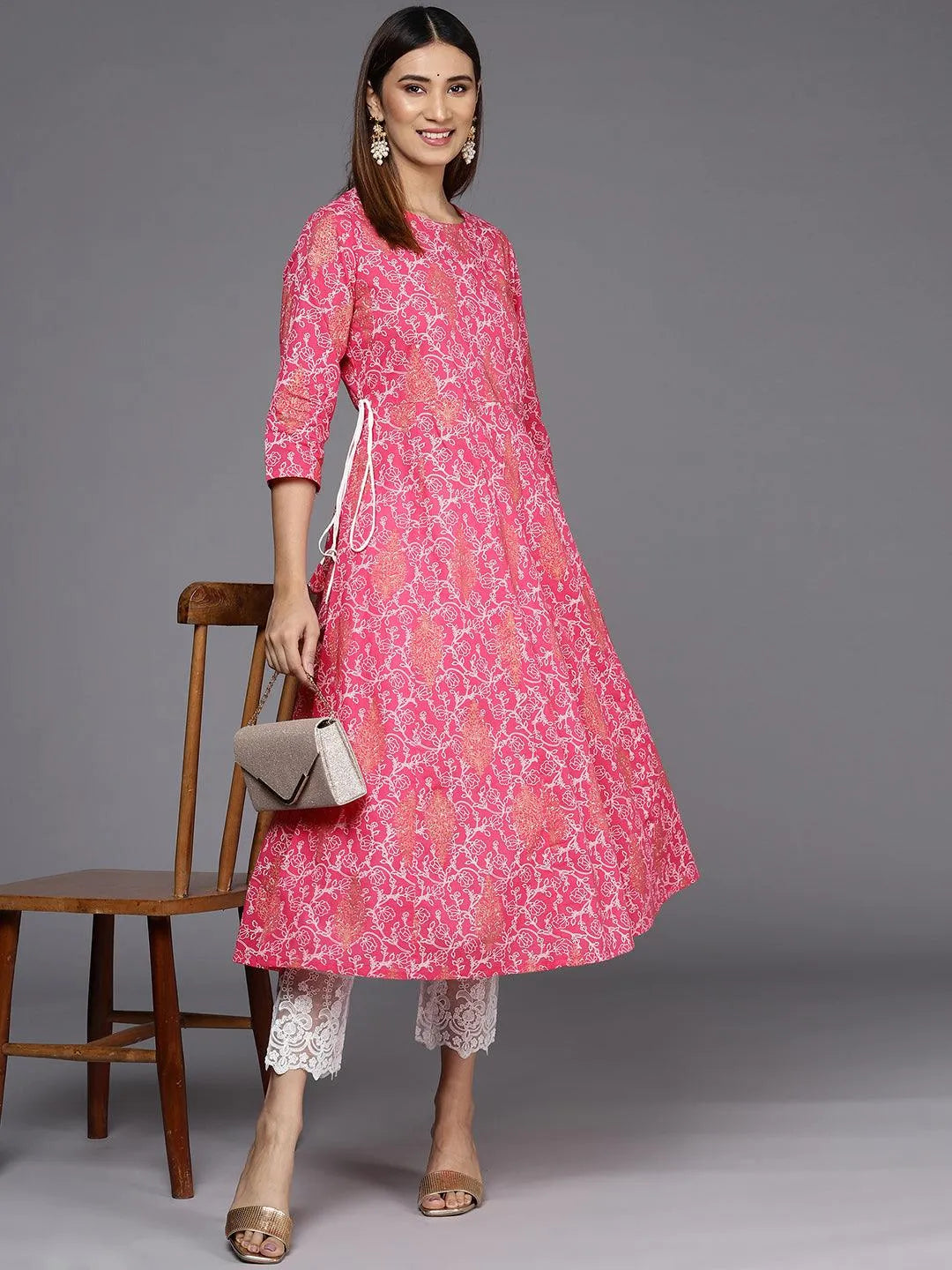 Pink Printed Cotton A-Line Kurta - Libas