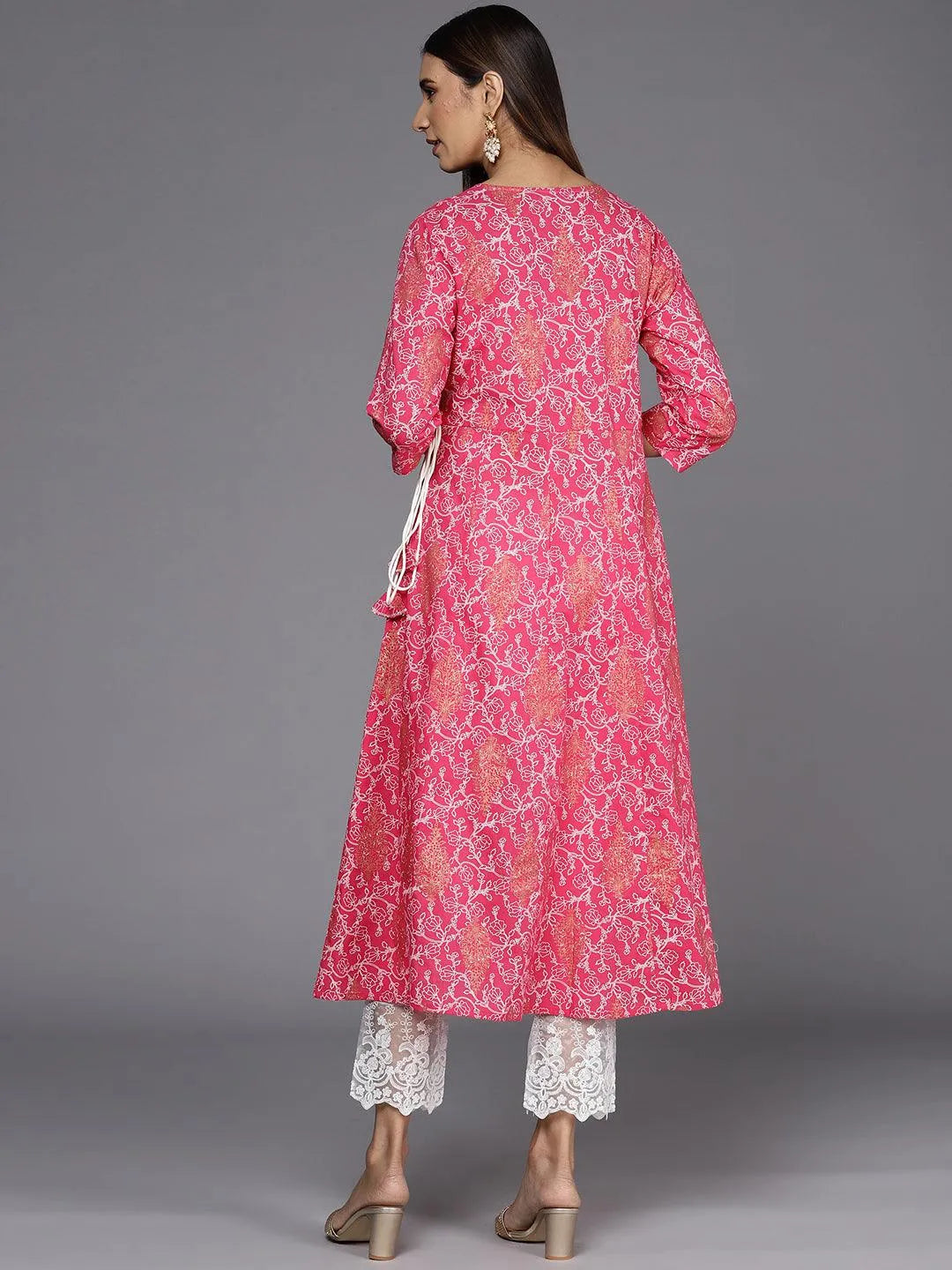 Pink Printed Cotton A-Line Kurta - Libas