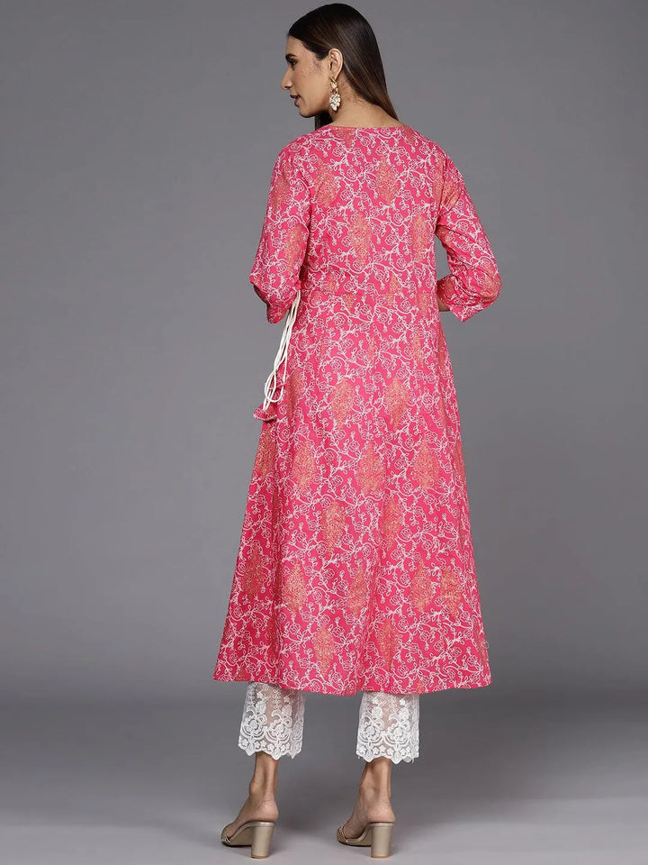 Pink Printed Cotton A-Line Kurta - Libas