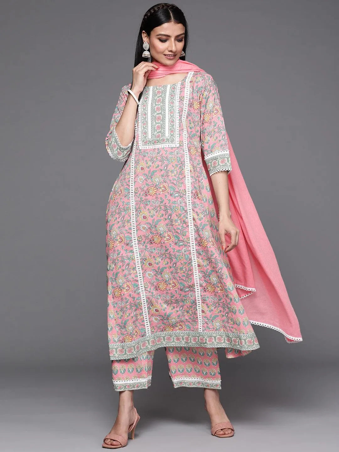 Pink Printed Cotton Suit Set - Libas 