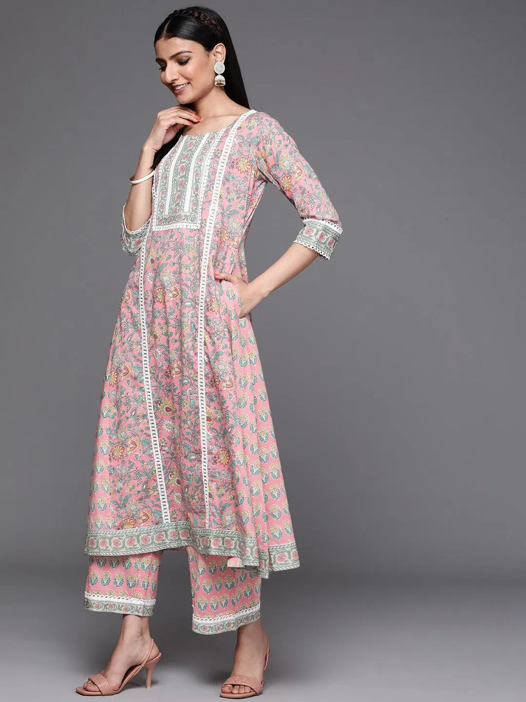 Pink Printed Cotton Suit Set - Libas 