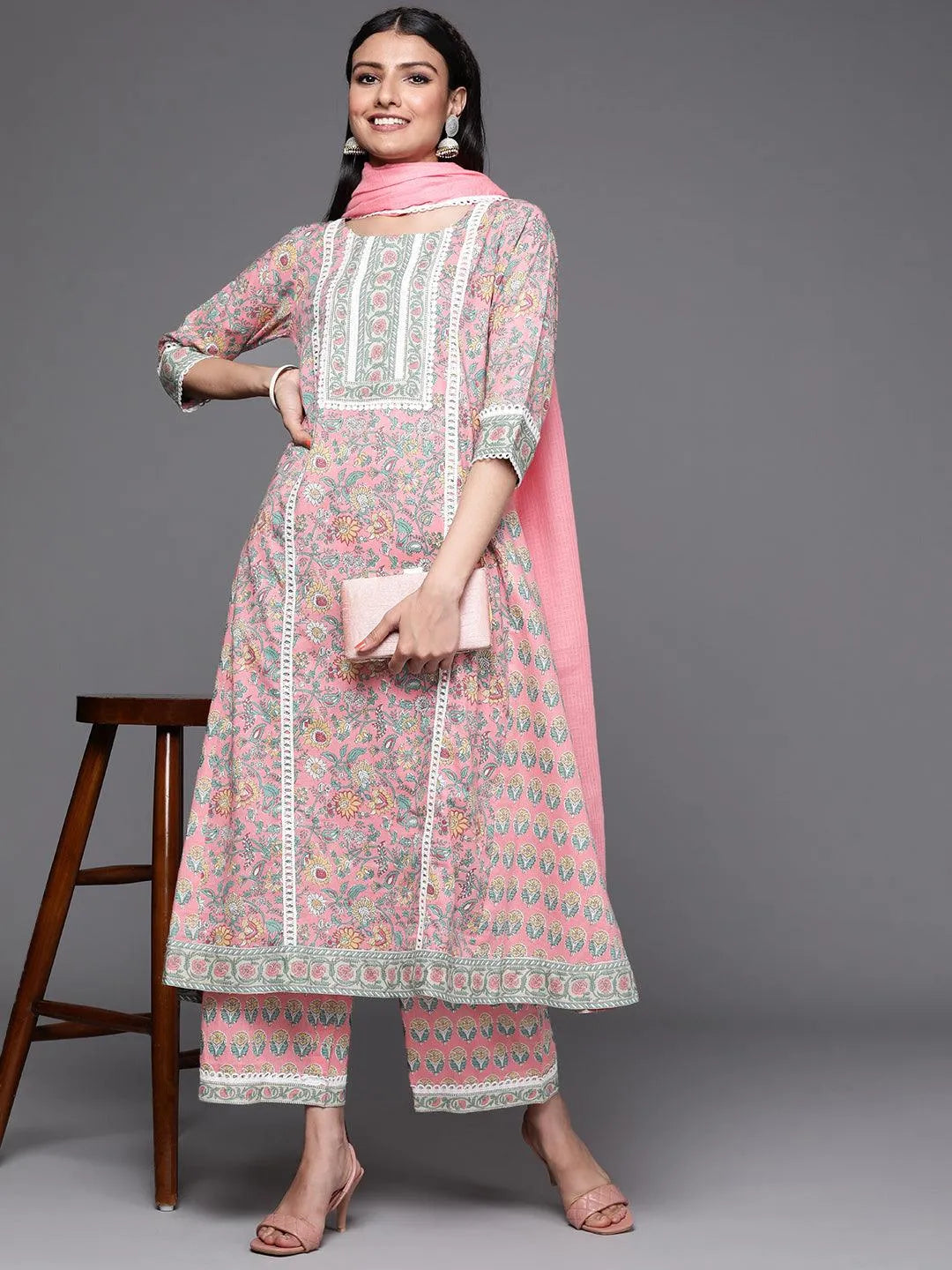 Pink Printed Cotton Suit Set - Libas 