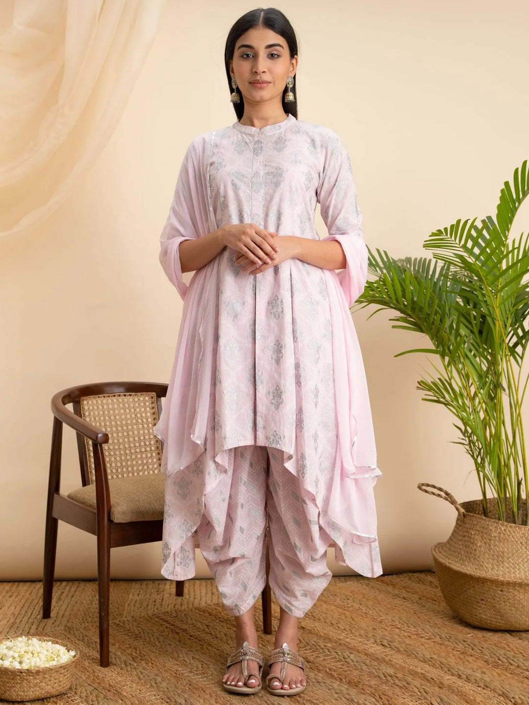 Pink Printed Cotton A-Line Suit Set - Libas 