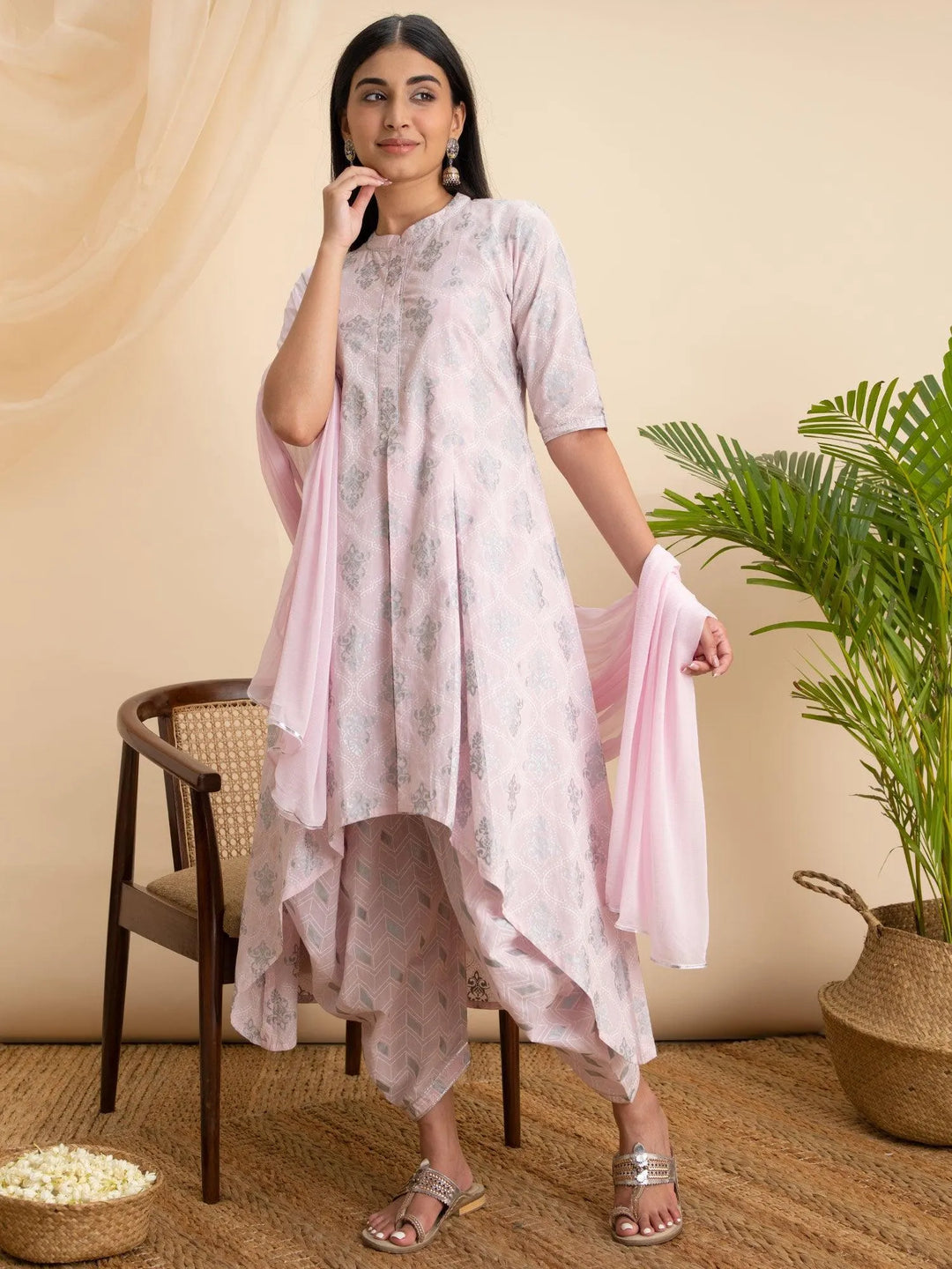 Pink Printed Cotton A-Line Suit Set - Libas 