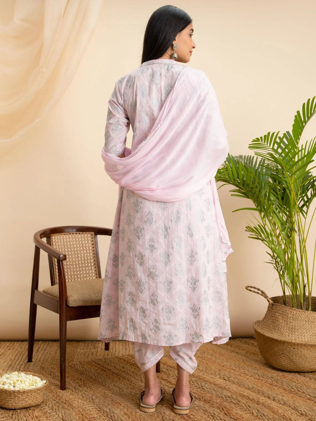 Pink Printed Cotton A-Line Suit Set - Libas