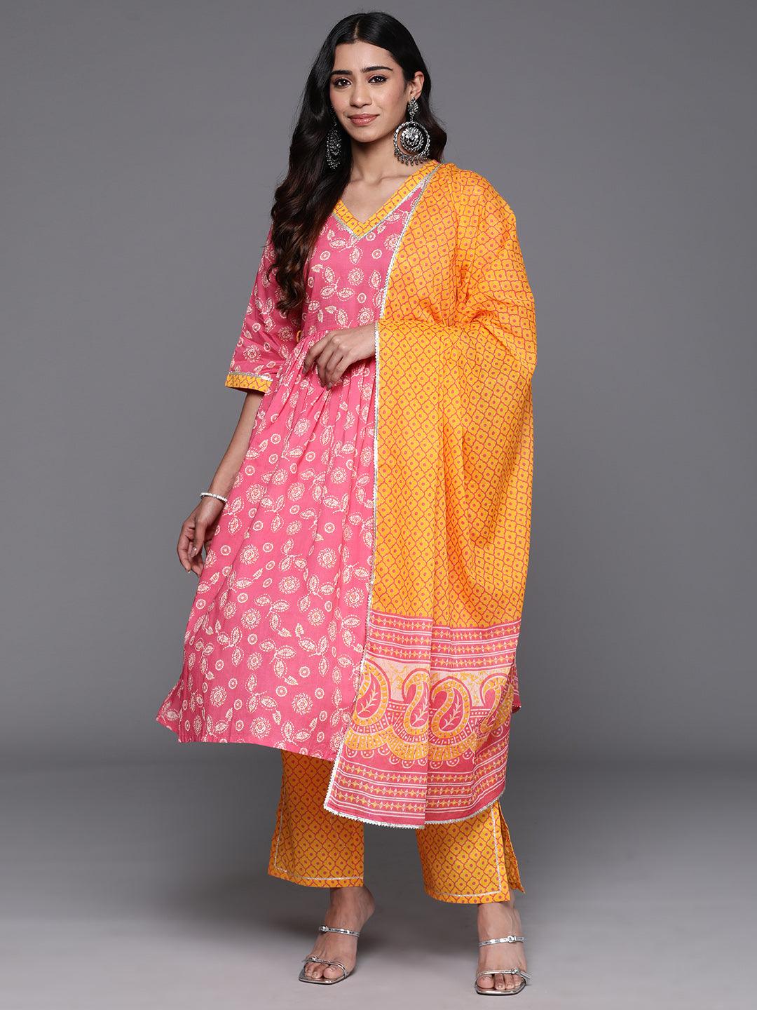 Pink Printed Cotton A-Line Kurta With Trousers & Dupatta - Libas 