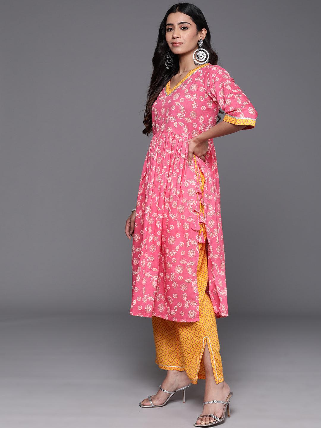 Pink Printed Cotton A-Line Kurta With Trousers & Dupatta - Libas