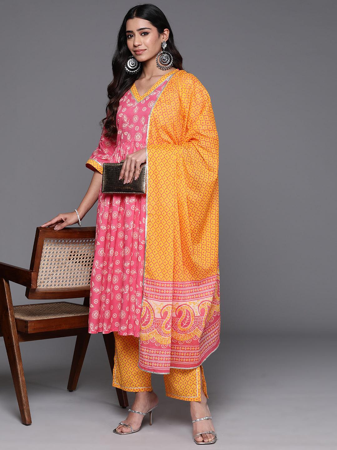 Pink Printed Cotton A-Line Kurta With Trousers & Dupatta - Libas 