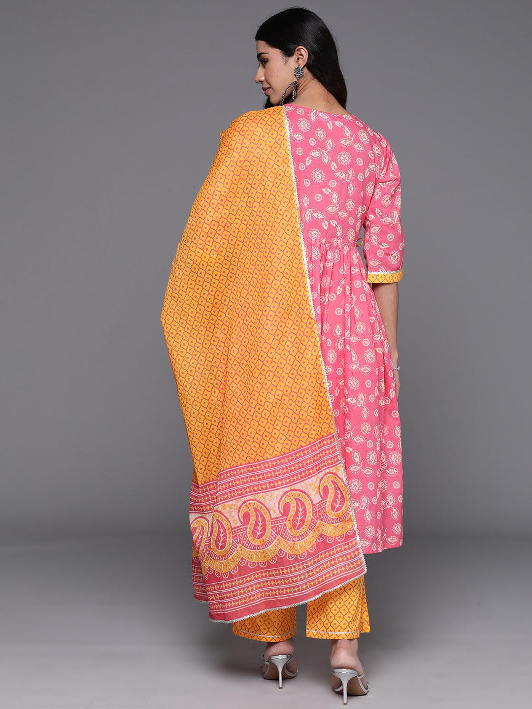 Pink Printed Cotton A-Line Kurta With Trousers & Dupatta - Libas