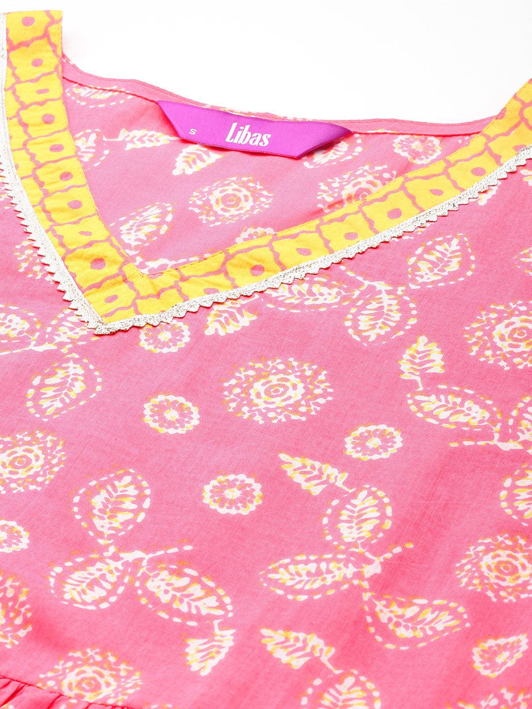 Pink Printed Cotton A-Line Kurta With Trousers & Dupatta - Libas 