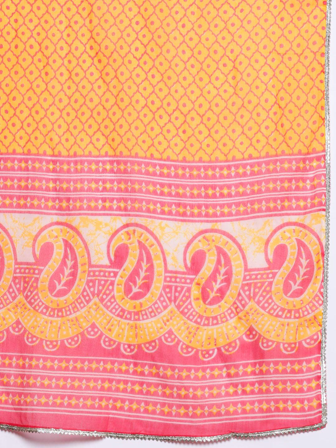 Pink Printed Cotton A-Line Kurta With Trousers & Dupatta - Libas