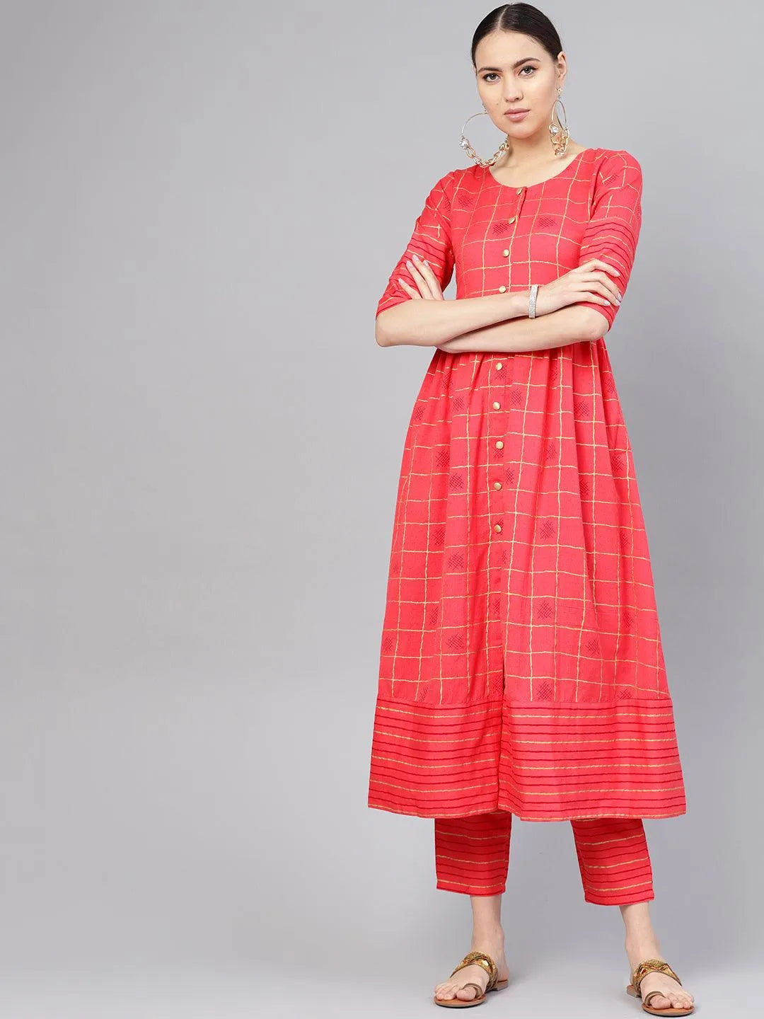 Pink Printed Checkered Kurta Set - Libas