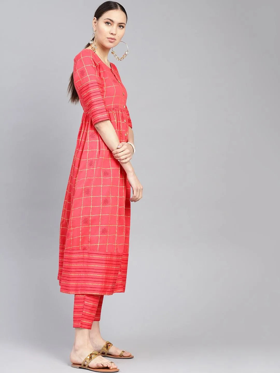 Pink Printed Checkered Kurta Set - Libas