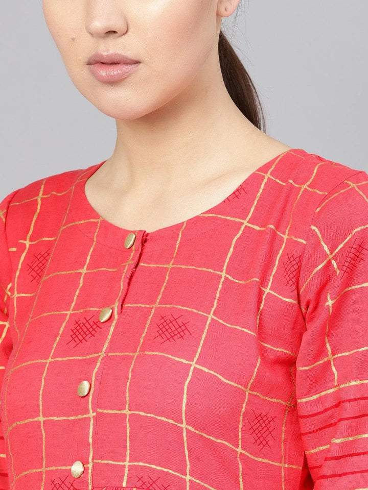 Pink Printed Checkered Kurta Set - Libas