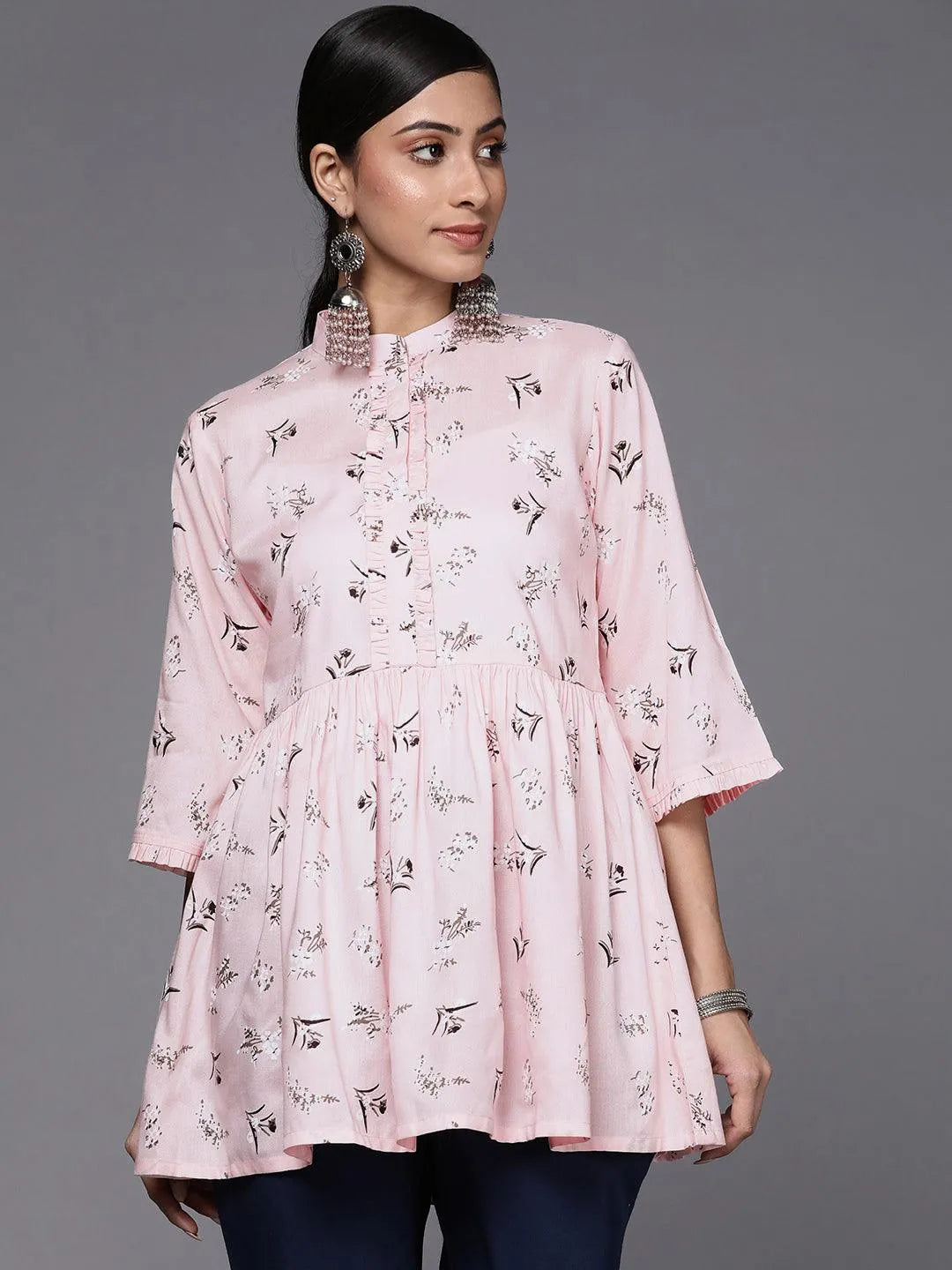 Pink Printed Cotton A-Line Kurti - Libas