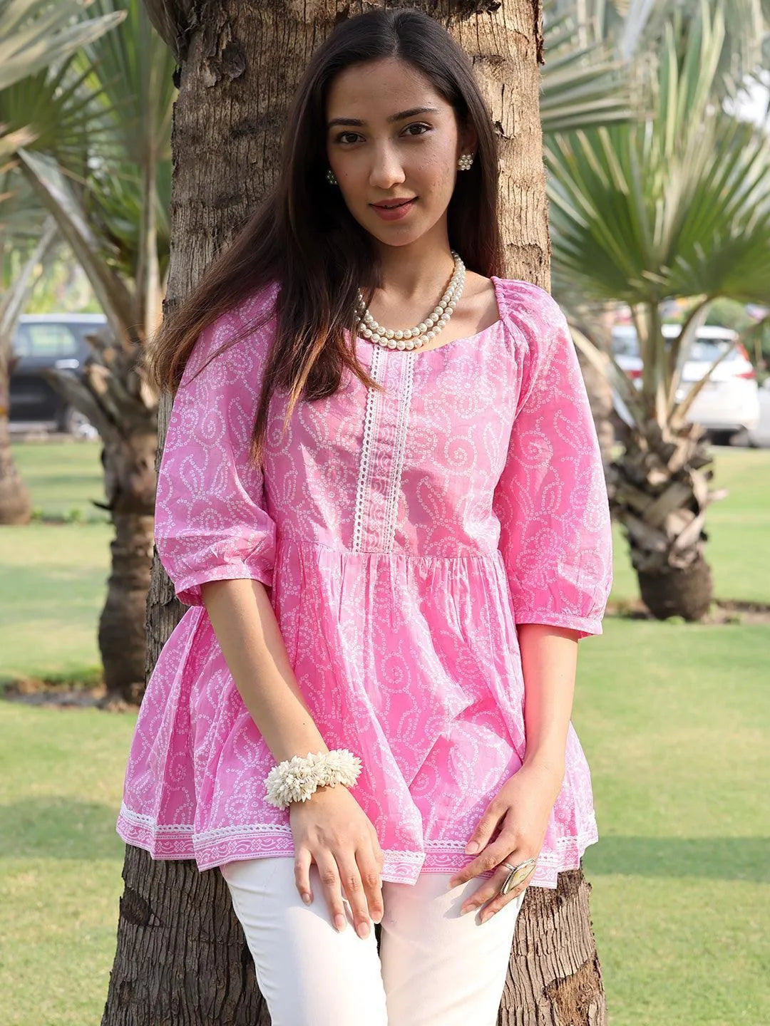 Pink Printed Cotton A-Line Kurti - Libas 