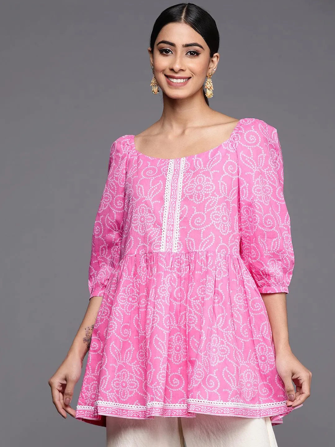 Pink Printed Cotton A-Line Kurti - Libas 