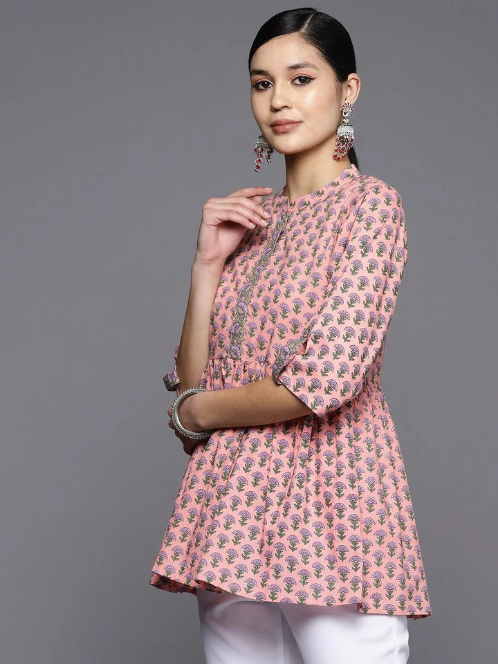 Pink Printed Cotton A-Line Kurti - Libas