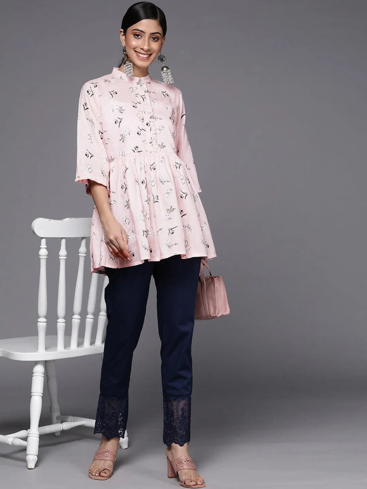 Pink Printed Cotton A-Line Kurti - Libas