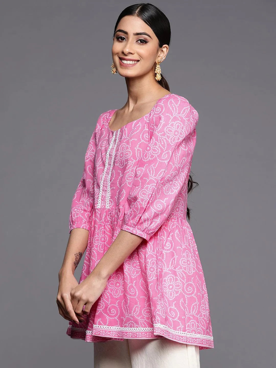 Pink Printed Cotton A-Line Kurti - Libas 