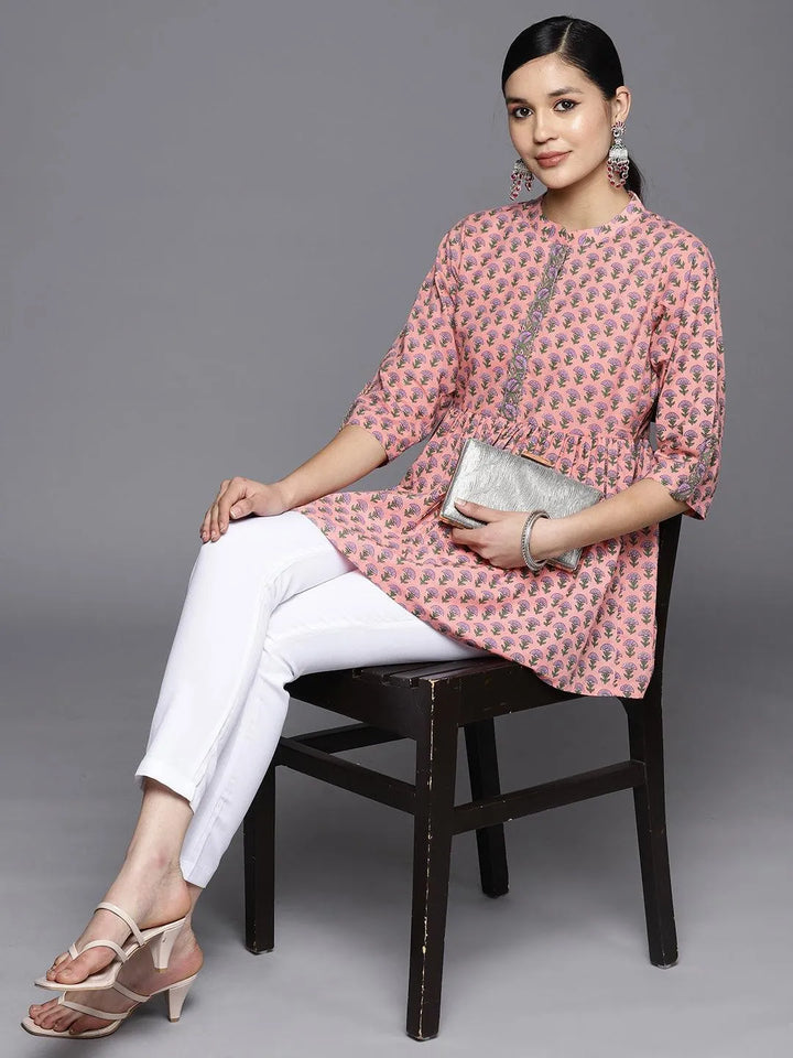 Pink Printed Cotton A-Line Kurti - Libas