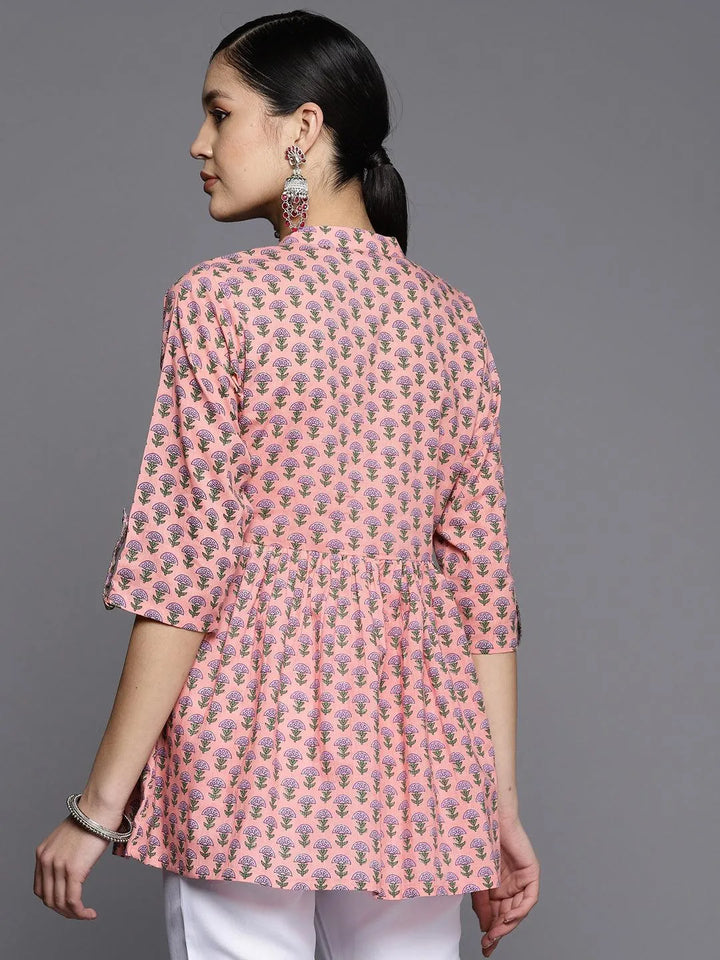 Pink Printed Cotton A-Line Kurti - Libas