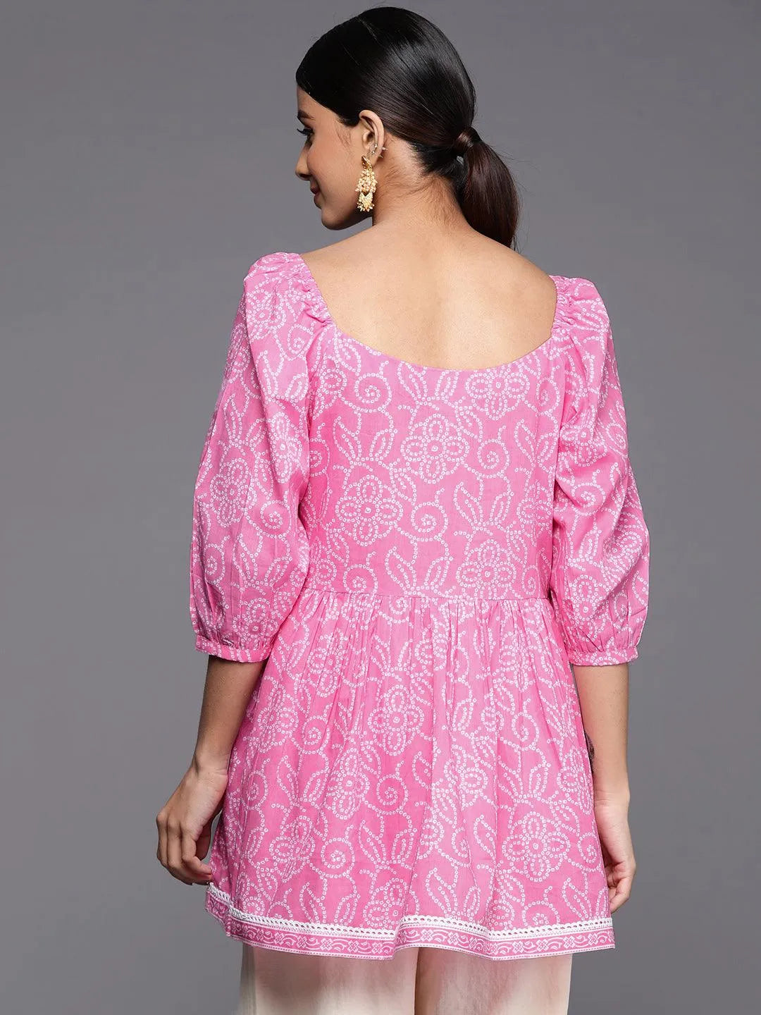 Pink Printed Cotton A-Line Kurti - Libas 