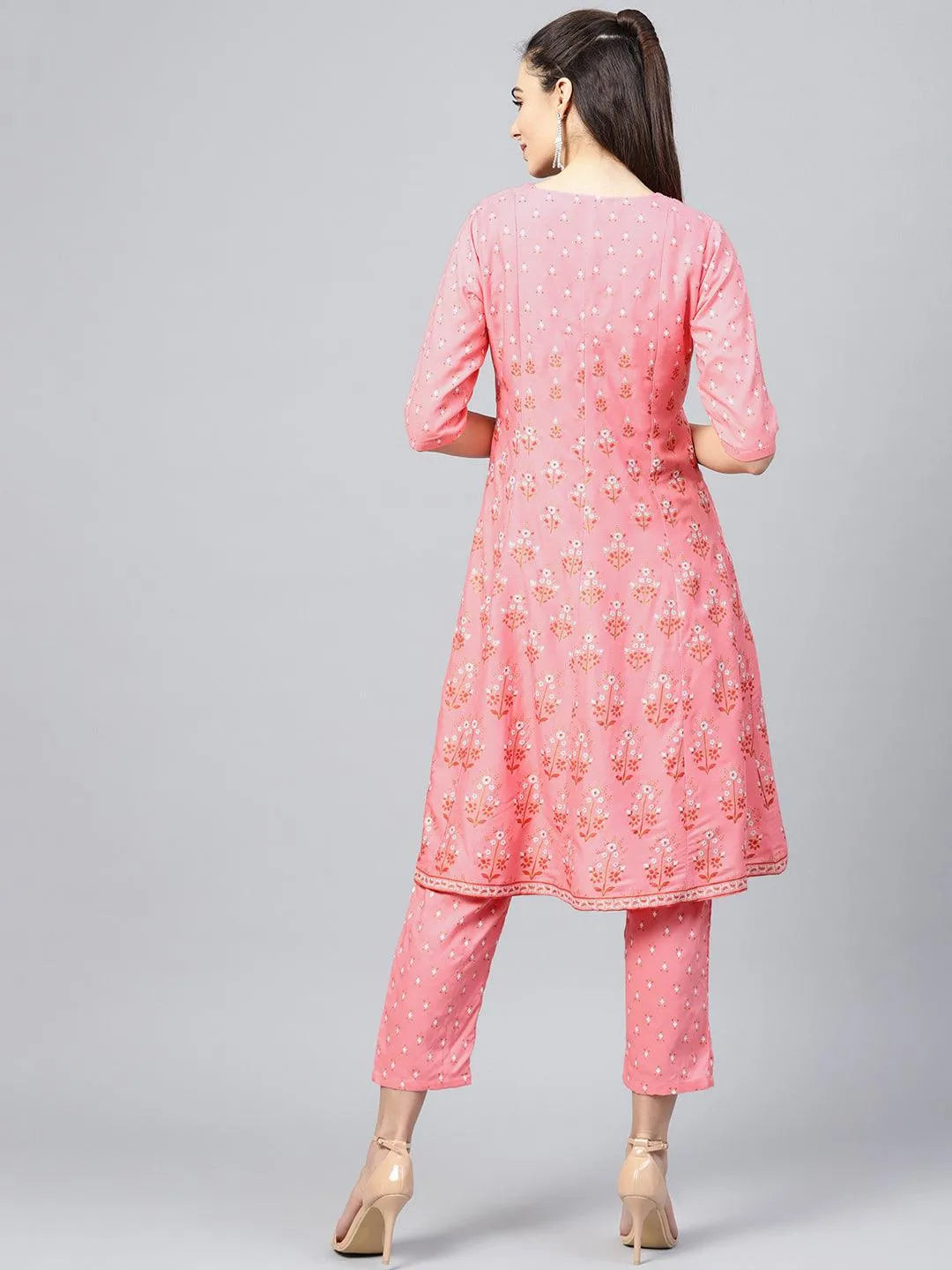 Pink Printed Cotton Kurta Set With Jacket - Libas