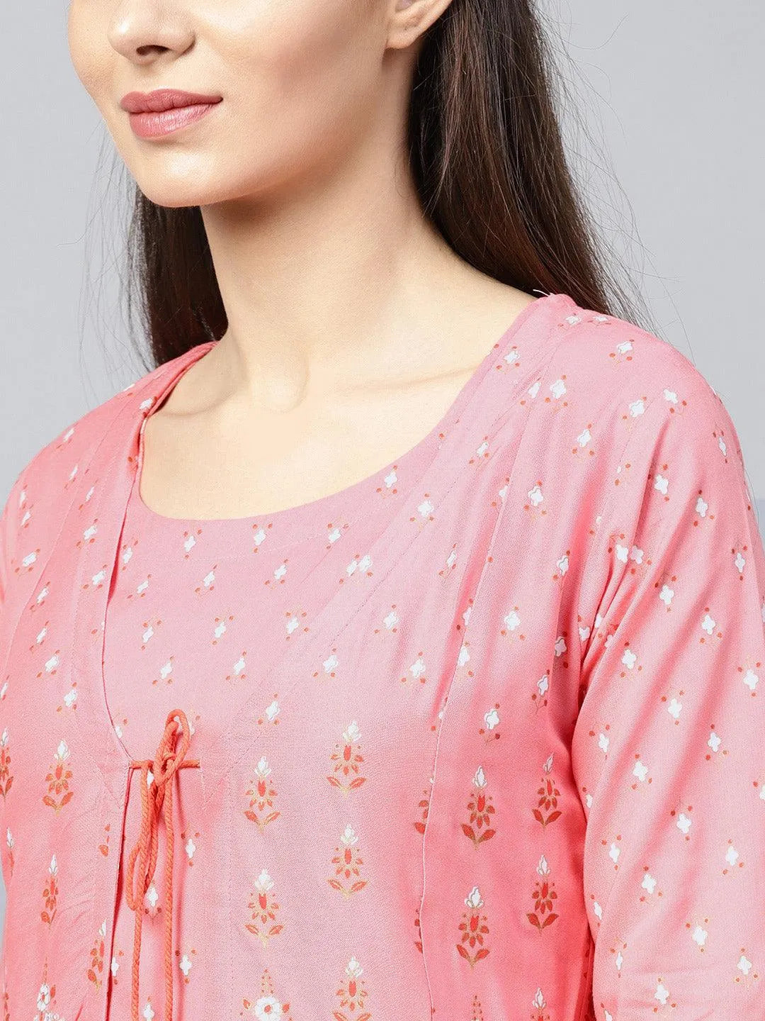 Pink Printed Cotton Kurta Set With Jacket - Libas