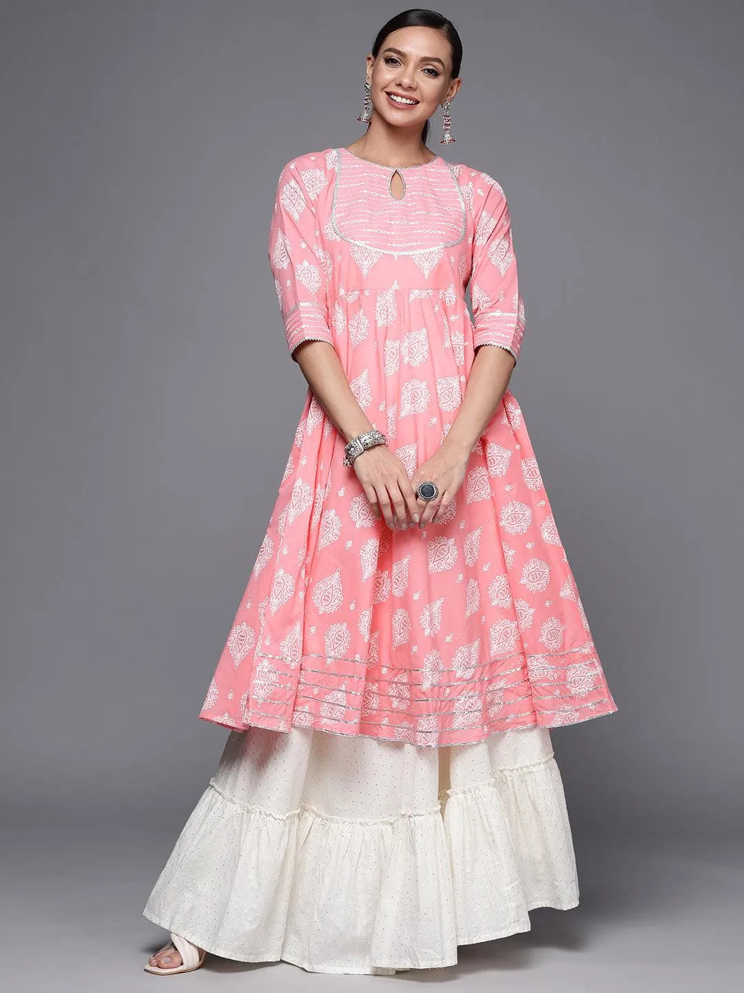 Pink Printed Cotton Anarkali Kurta - Libas 