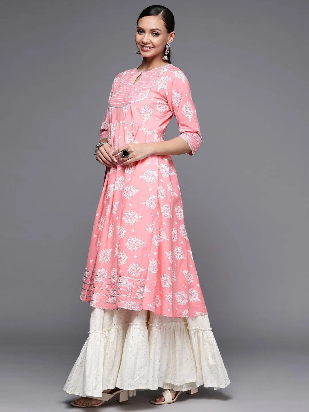 Pink Printed Cotton Anarkali Kurta - Libas 