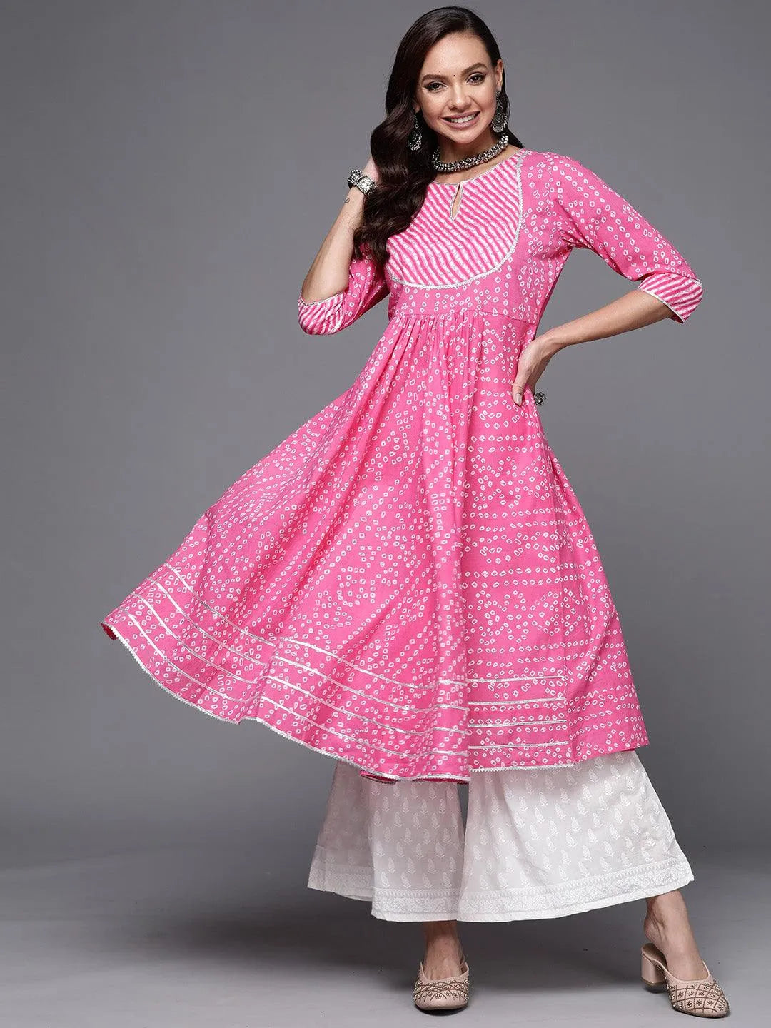 Pink Printed Cotton Anarkali Kurta - Libas