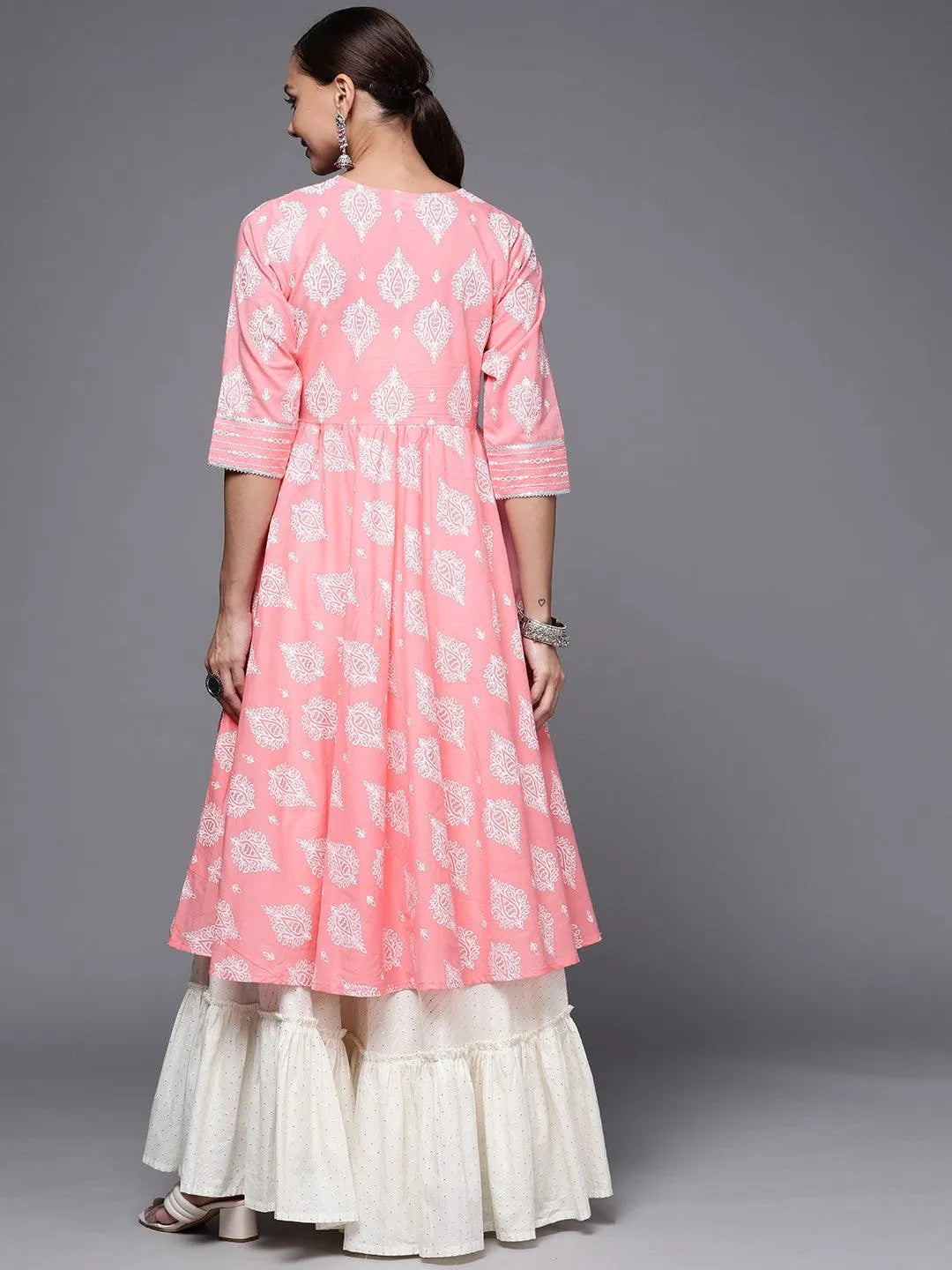 Pink Printed Cotton Anarkali Kurta - Libas 