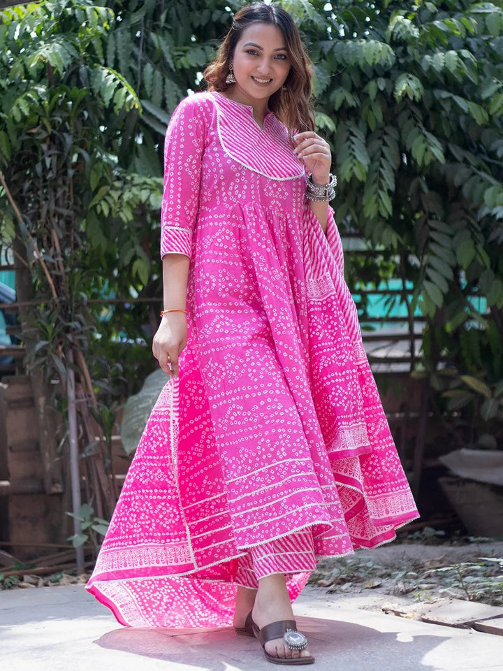 Pink Printed Cotton Anarkali Suit Set - Libas