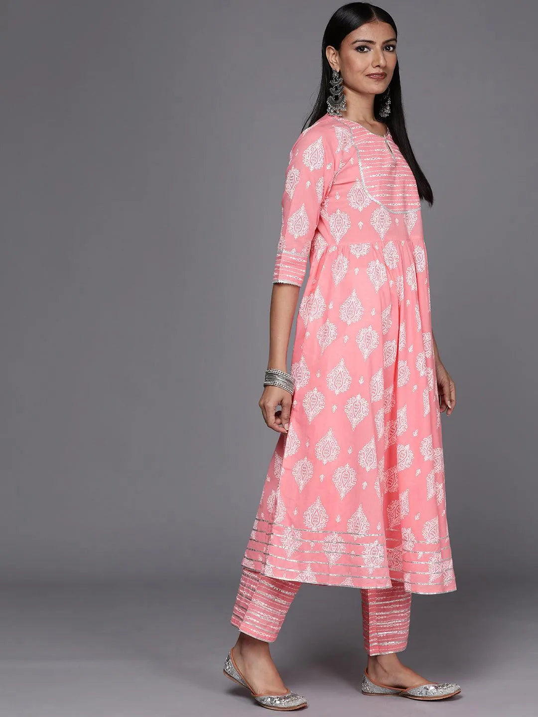 Pink Printed Cotton Anarkali Suit Set - Libas