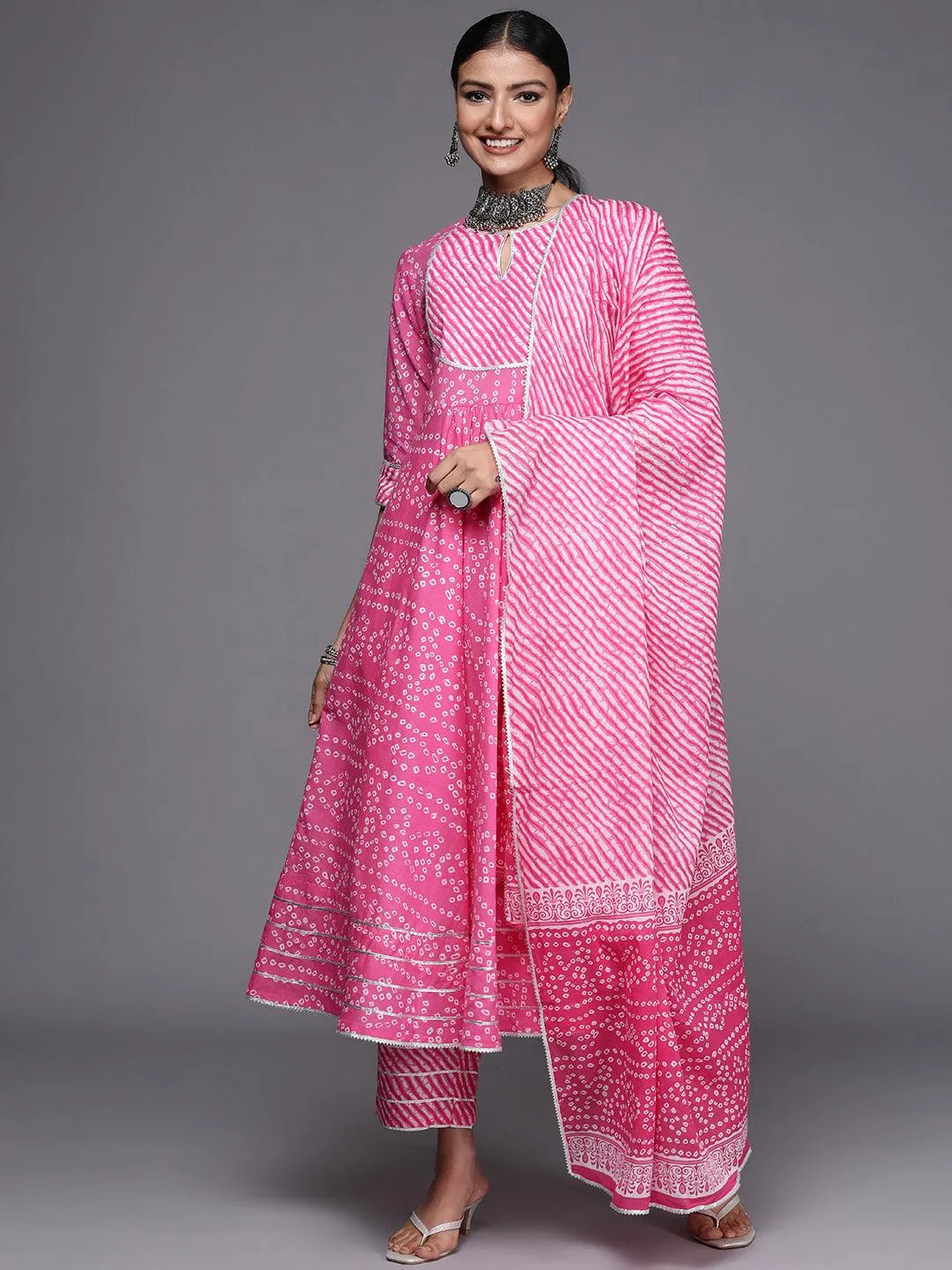 Pink Printed Cotton Anarkali Suit Set - Libas