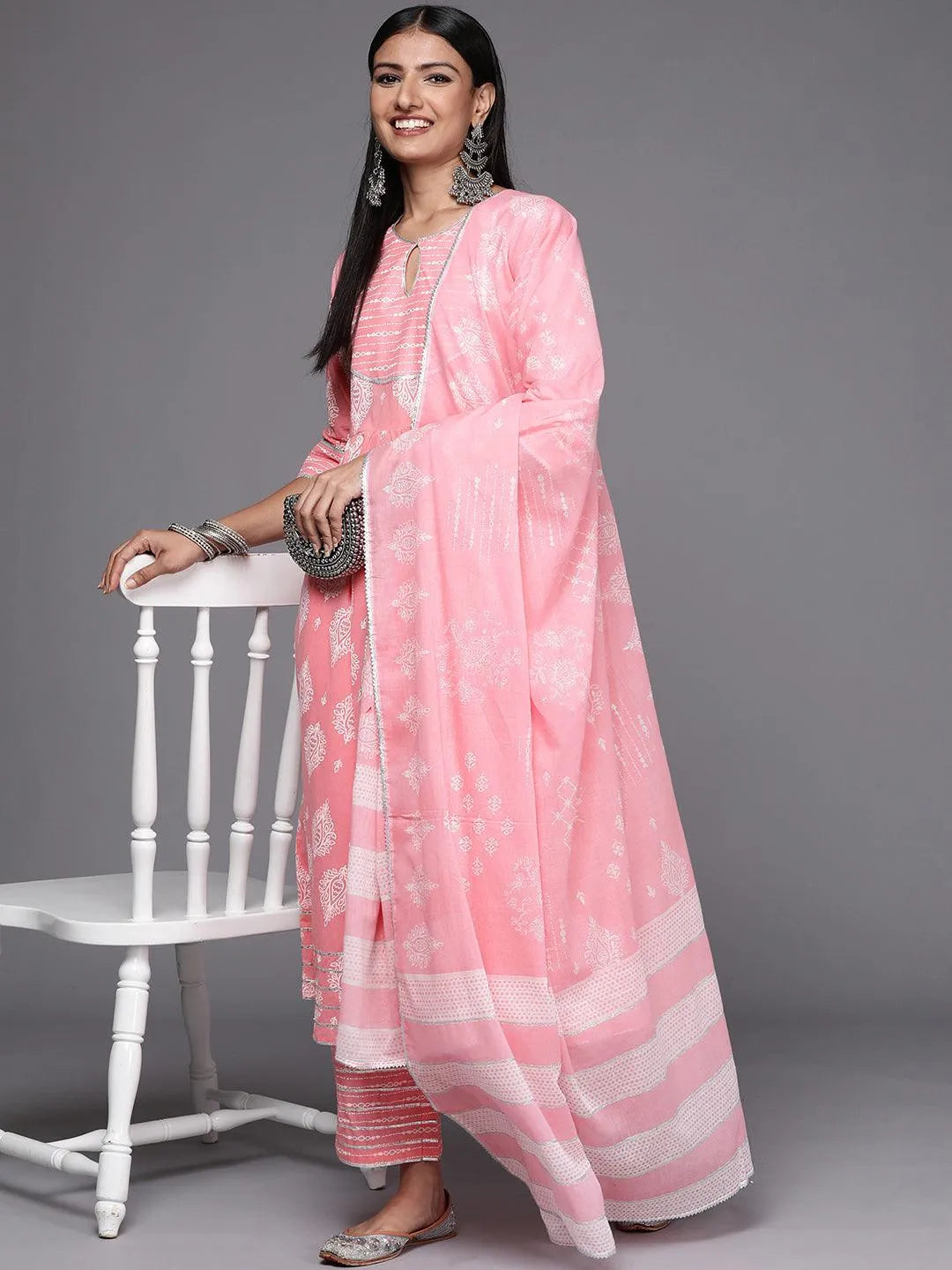 Pink Printed Cotton Anarkali Suit Set - Libas