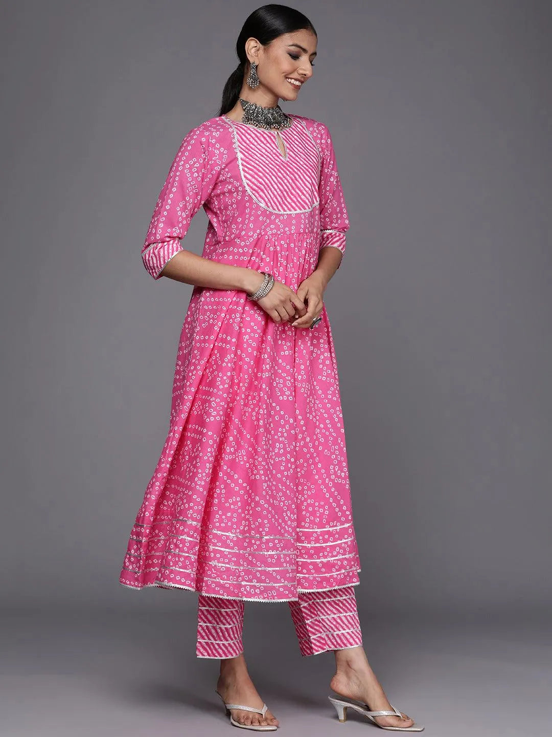 Pink Printed Cotton Anarkali Suit Set - Libas