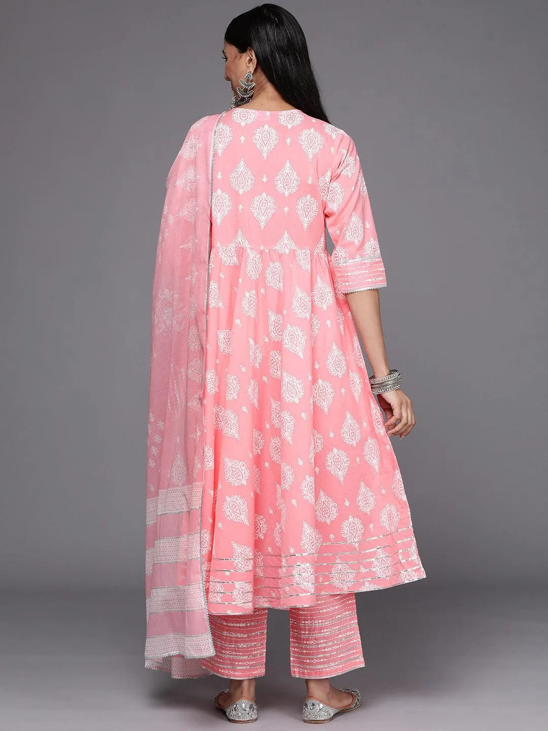 Pink Printed Cotton Anarkali Suit Set - Libas